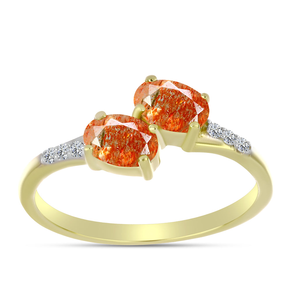 Anillo de Plata Bañada en Oro con Piedra Solar de Oregon y Topacio Blanco 3 