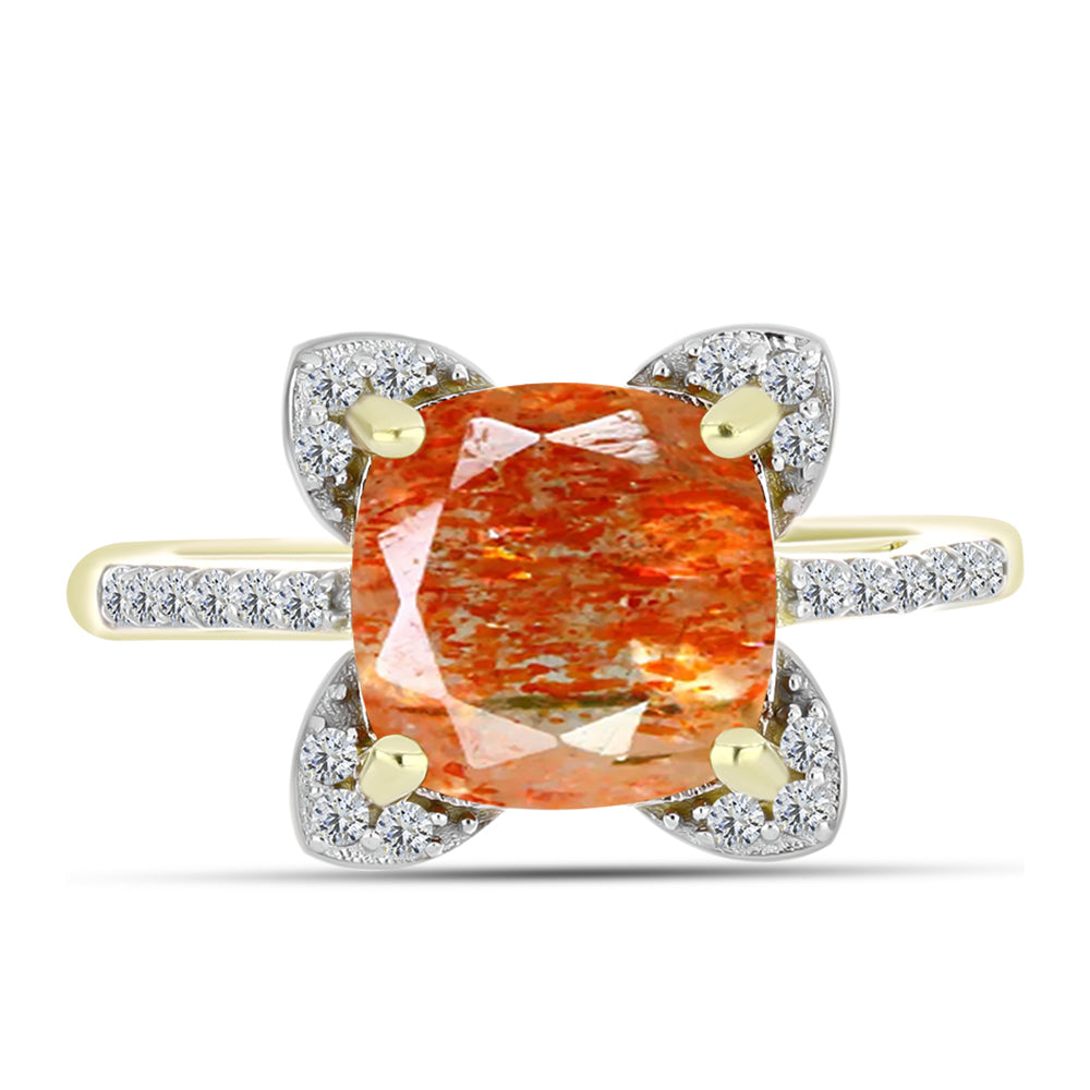 Anillo de Plata Bañada en Oro con Piedra Solar de Oregon y Topacio Blanco 1 
