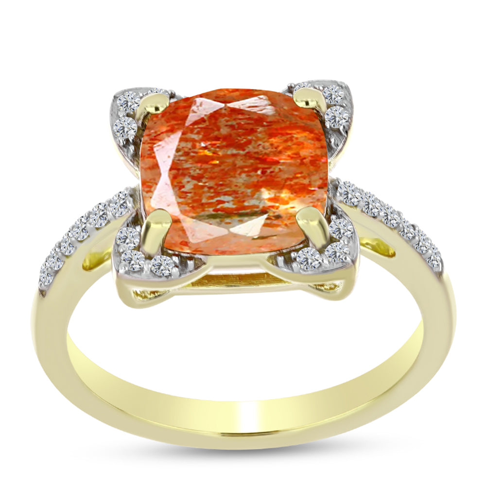 Anillo de Plata Bañada en Oro con Piedra Solar de Oregon y Topacio Blanco