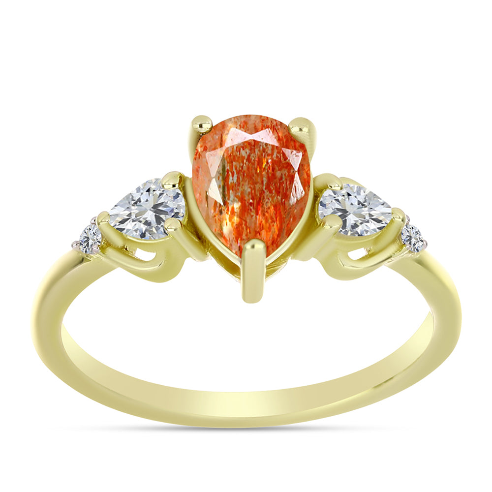 Anillo de Plata Bañada en Oro con Piedra Solar de Oregon y Topacio Blanco 3 