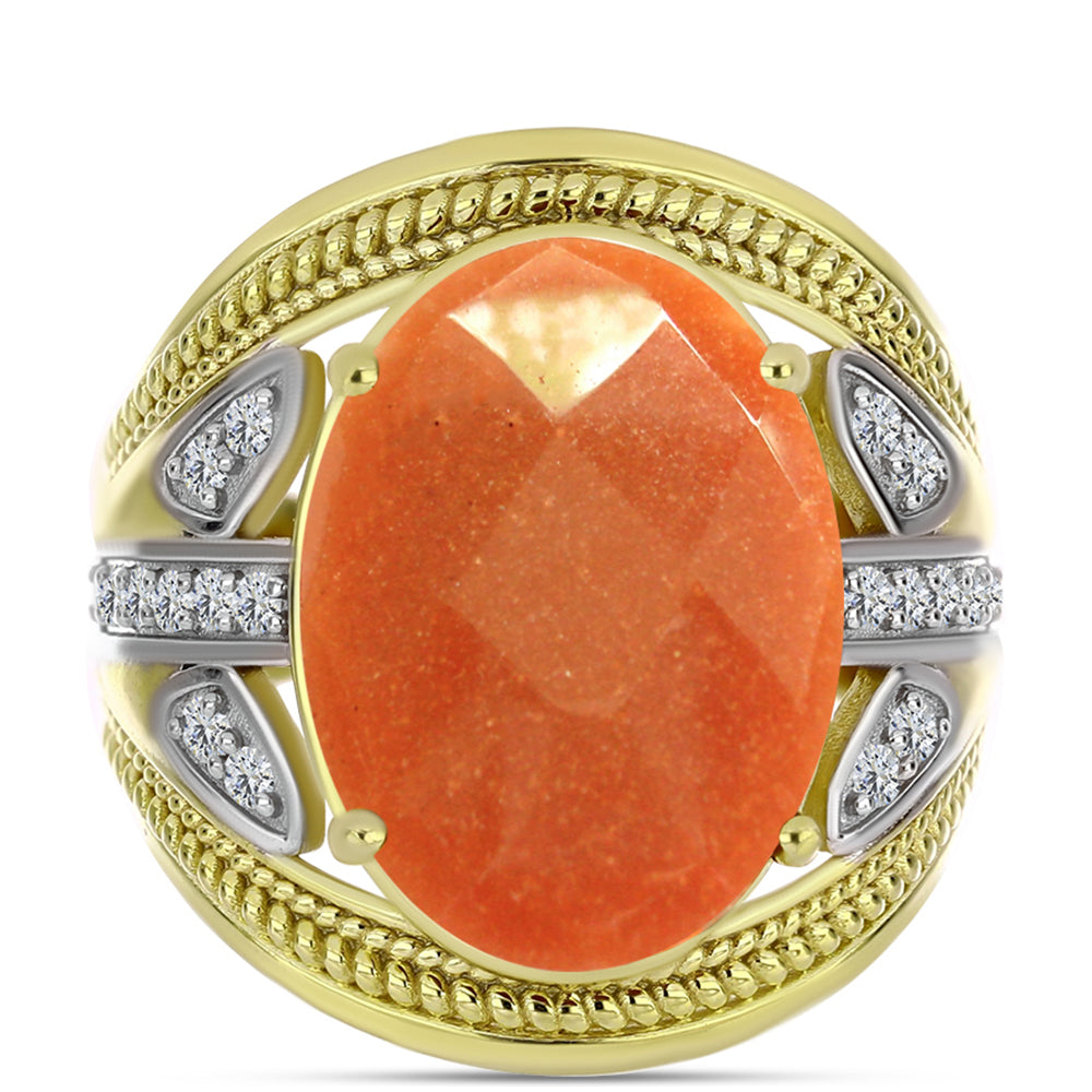 Anillo de Plata Bañada en Oro con Piedra Solar de Oregon y Topacio Blanco