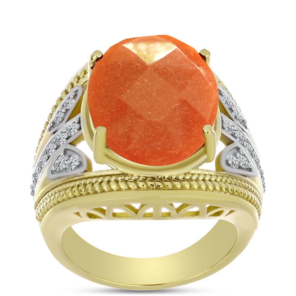 Anillo de Plata Bañada en Oro con Piedra Solar de Oregon y Topacio Blanco