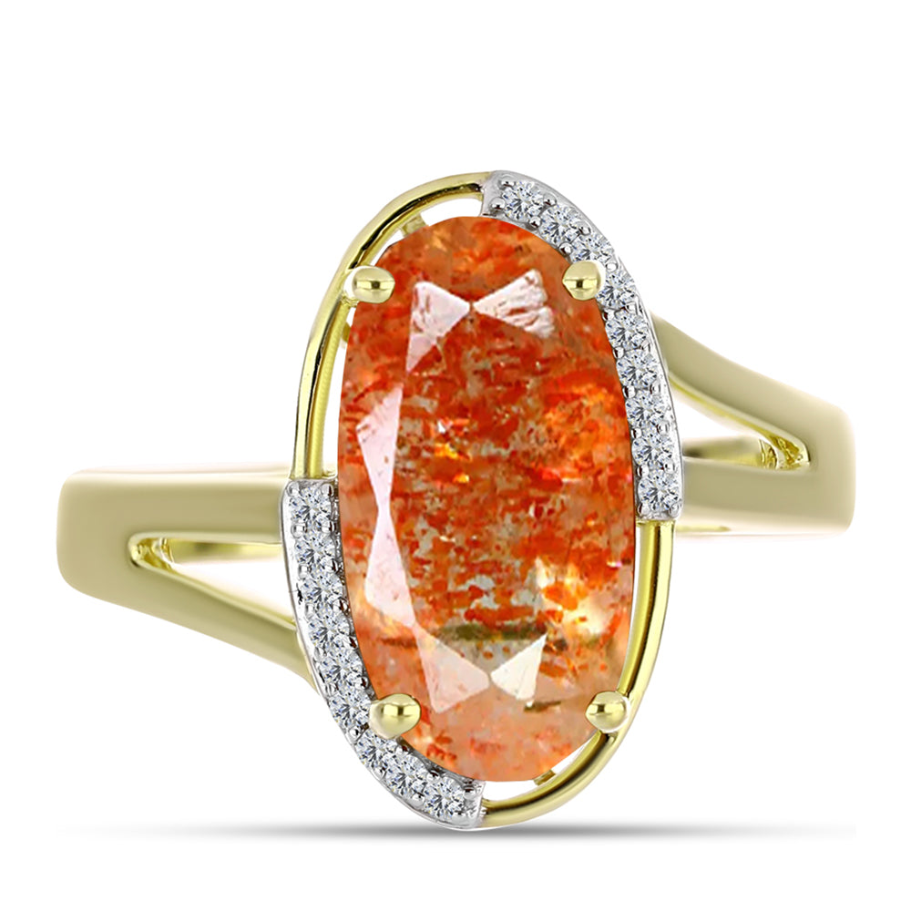 Anillo de Plata Bañada en Oro con Piedra Solar de Oregon y Topacio Blanco 1 