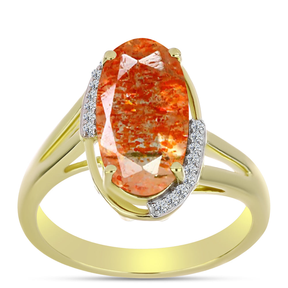 Anillo de Plata Bañada en Oro con Piedra Solar de Oregon y Topacio Blanco 3 