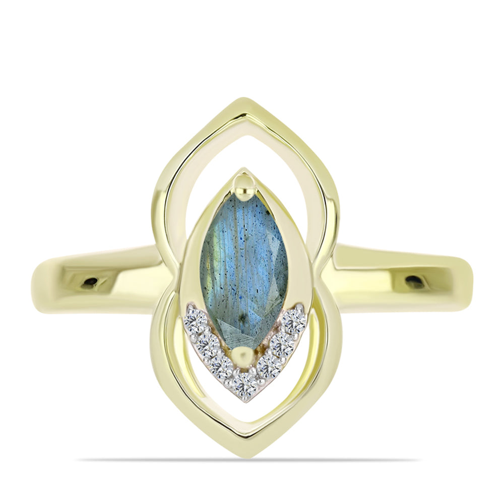 Anillo de Plata Bañada en Oro con Labradorita y Topacio Blanco