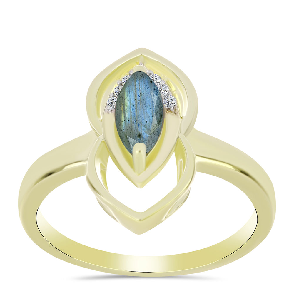 Anillo de Plata Bañada en Oro con Labradorita y Topacio Blanco