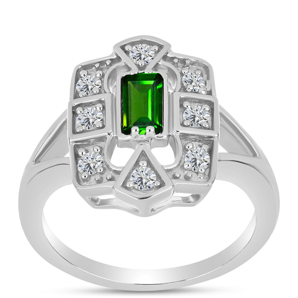 Anillo de Plata con Diópsido de Cromo y Topacio Blanco