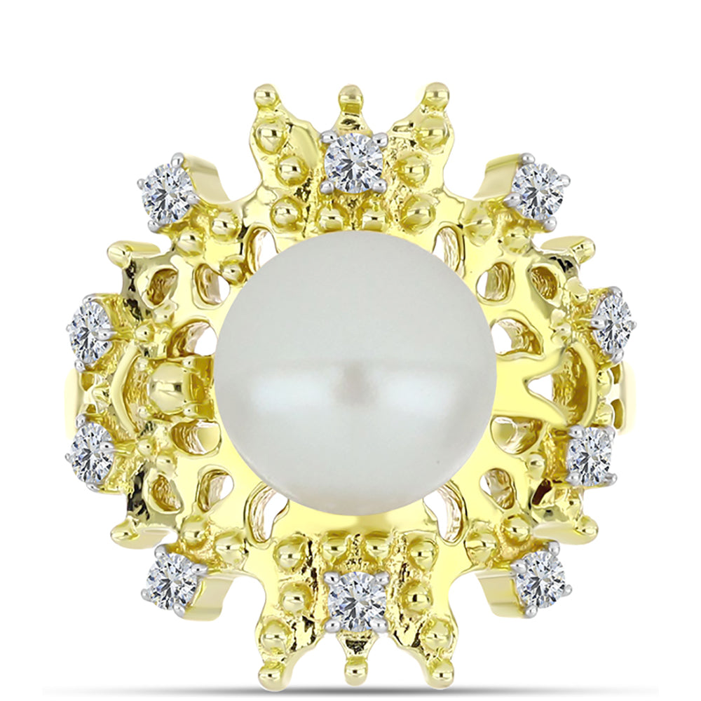Anillo de Plata Bañada en Oro con Perla de Agua Dulce y Topacio Blanco 1 