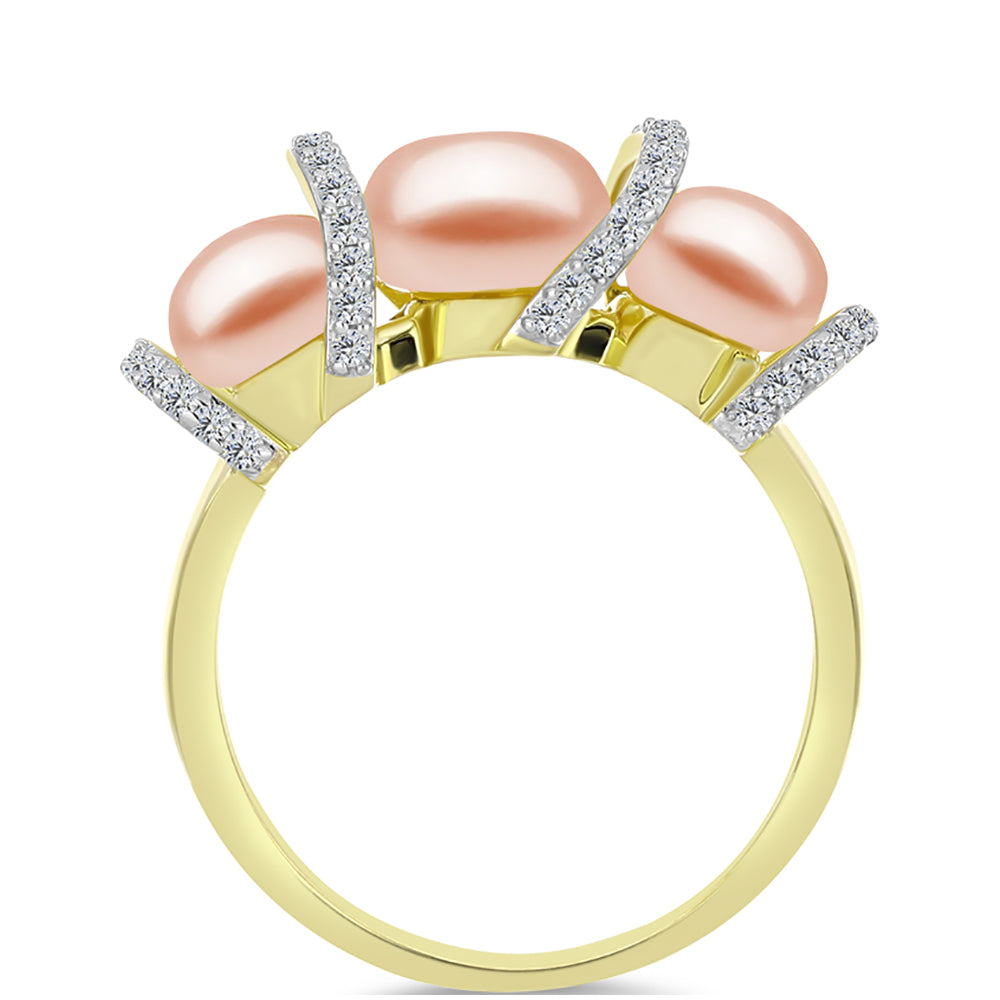Anillo de Plata Bañada en Oro con Perla de agua dulce melocotón y Topacio Blanco