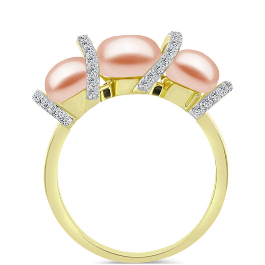 Anillo de Plata Bañada en Oro con Perla de agua dulce melocotón y Topacio Blanco