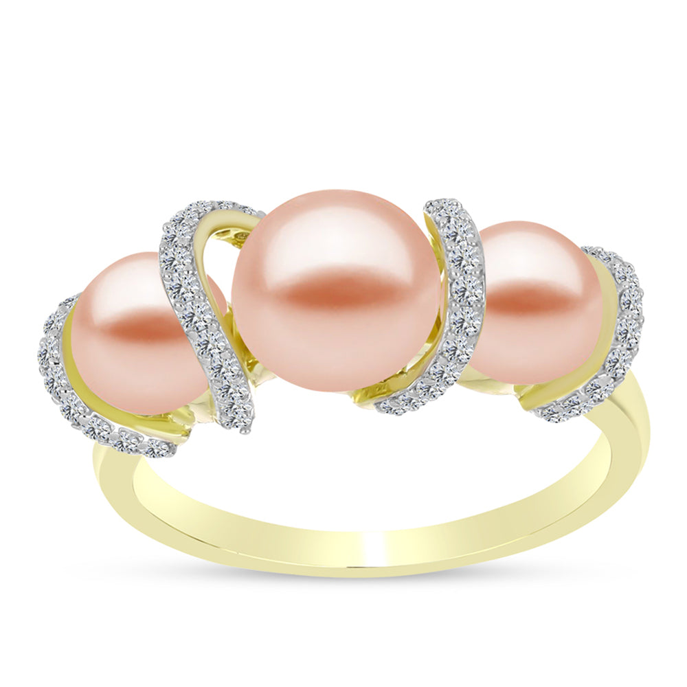 Anillo de Plata Bañada en Oro con Perla de agua dulce melocotón y Topacio Blanco
