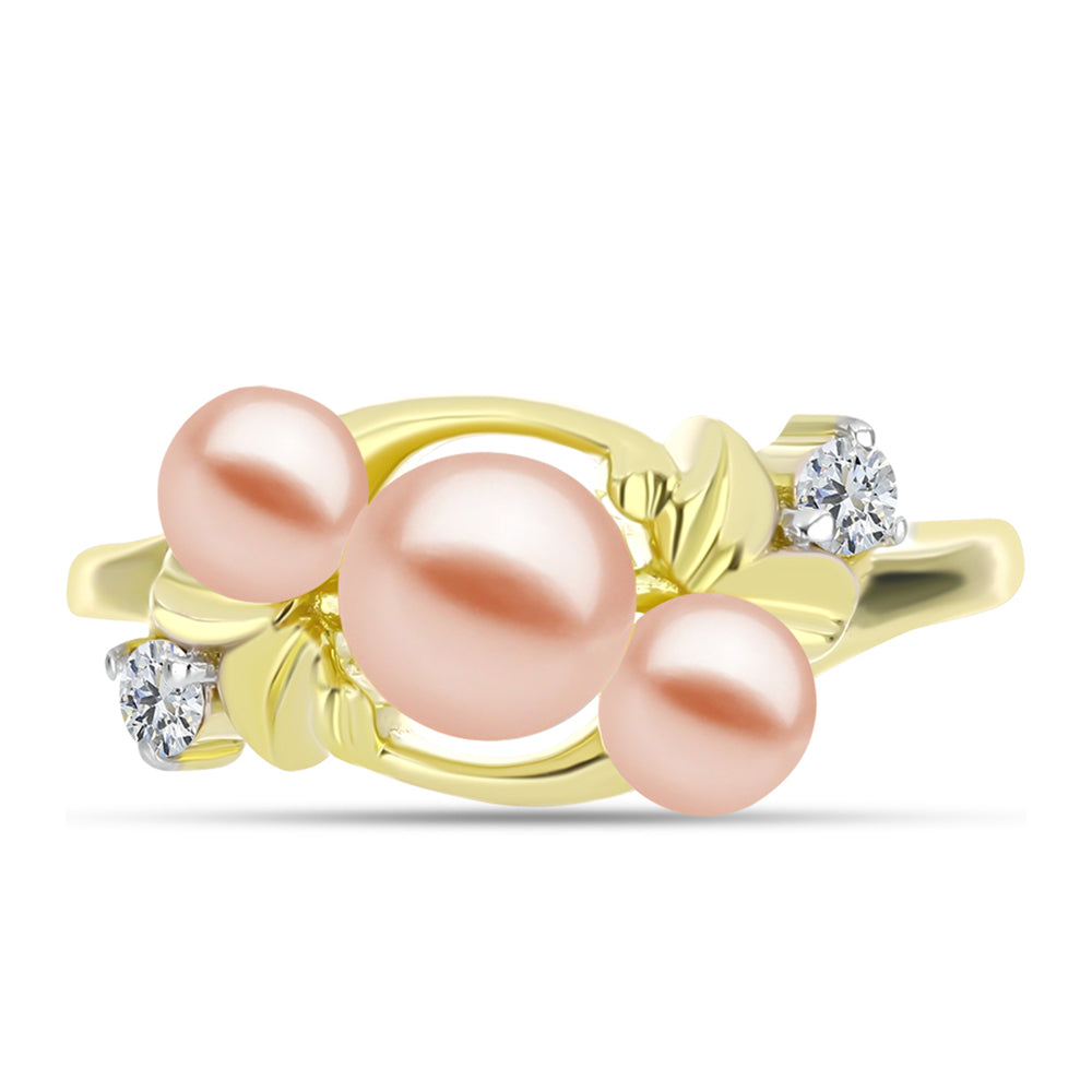 Anillo de Plata Bañada en Oro con Perla de agua dulce melocotón y Topacio Blanco