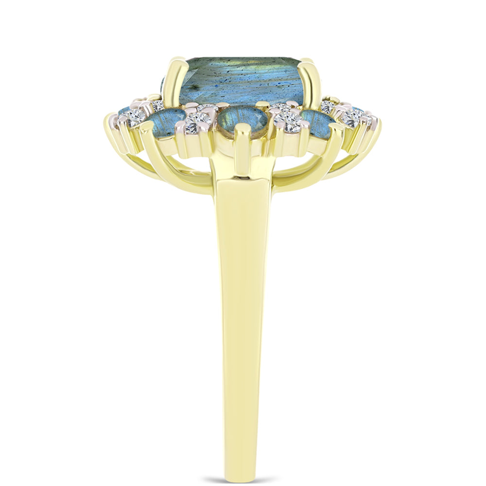 Anillo de Plata Bañada en Oro con Labradorita y Topacio Blanco 4 