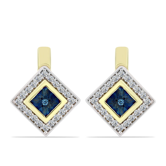 Pendientes de Plata Bañada en Oro con Diamante Azul y Topacio Blanco
