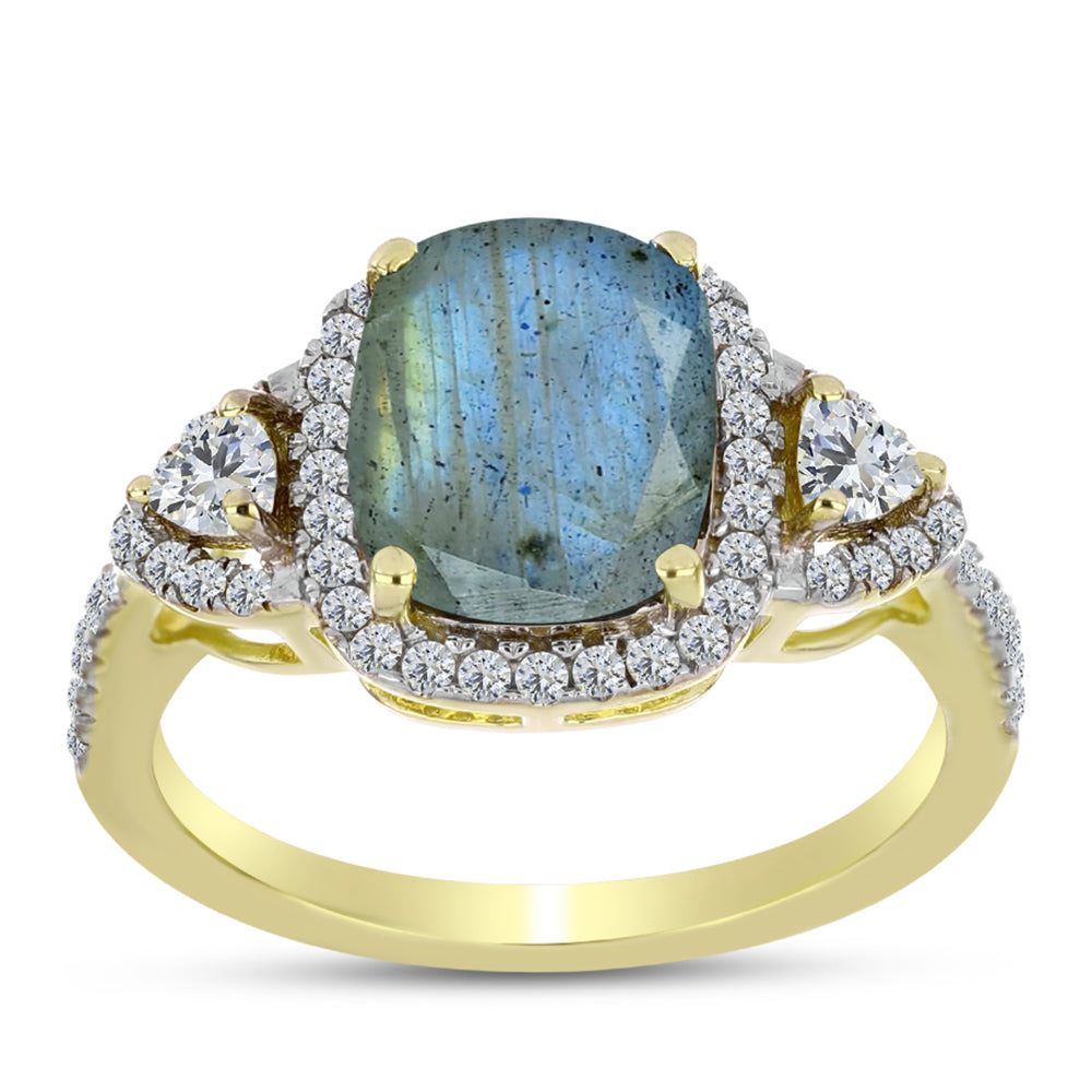 Anillo de Plata Bañada en Oro con Labradorita y Topacio Blanco 3 