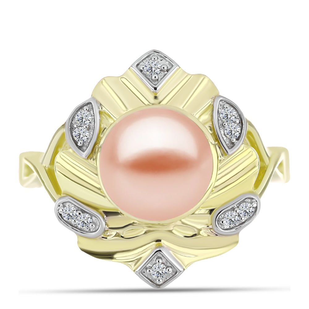 Anillo de Plata Bañada en Oro con Perla de agua dulce melocotón y Topacio Blanco