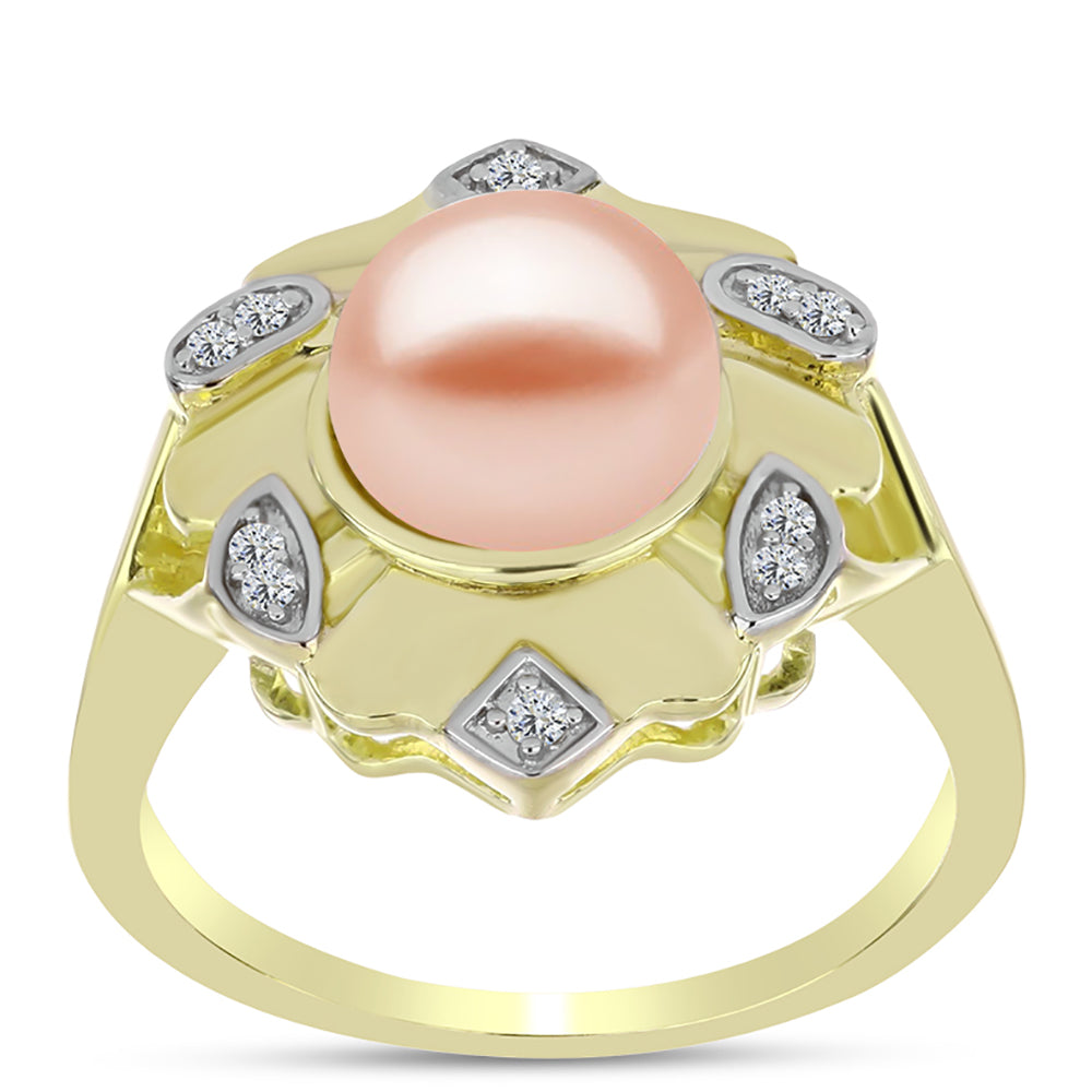 Anillo de Plata Bañada en Oro con Perla de agua dulce melocotón y Topacio Blanco 3 