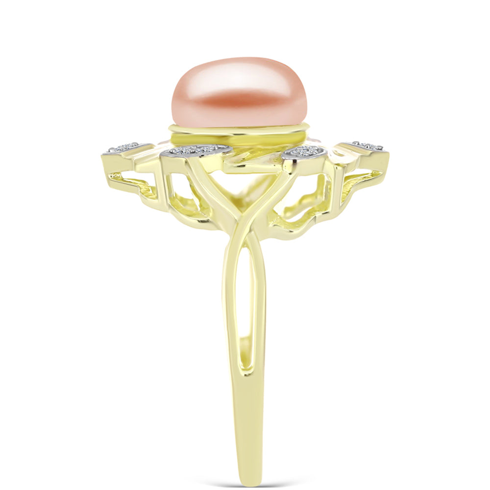 Anillo de Plata Bañada en Oro con Perla de agua dulce melocotón y Topacio Blanco 4 