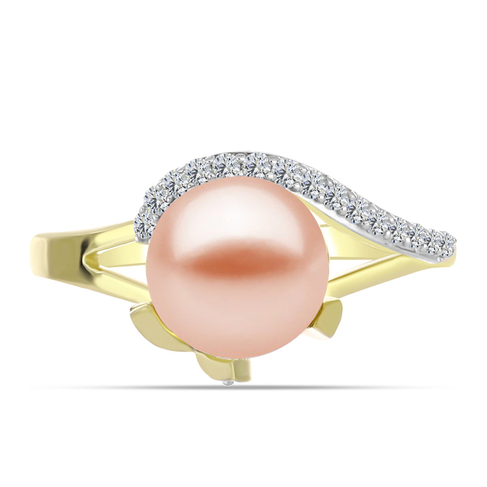 Anillo de Plata Bañada en Oro con Perla de agua dulce melocotón y Topacio Blanco 1 