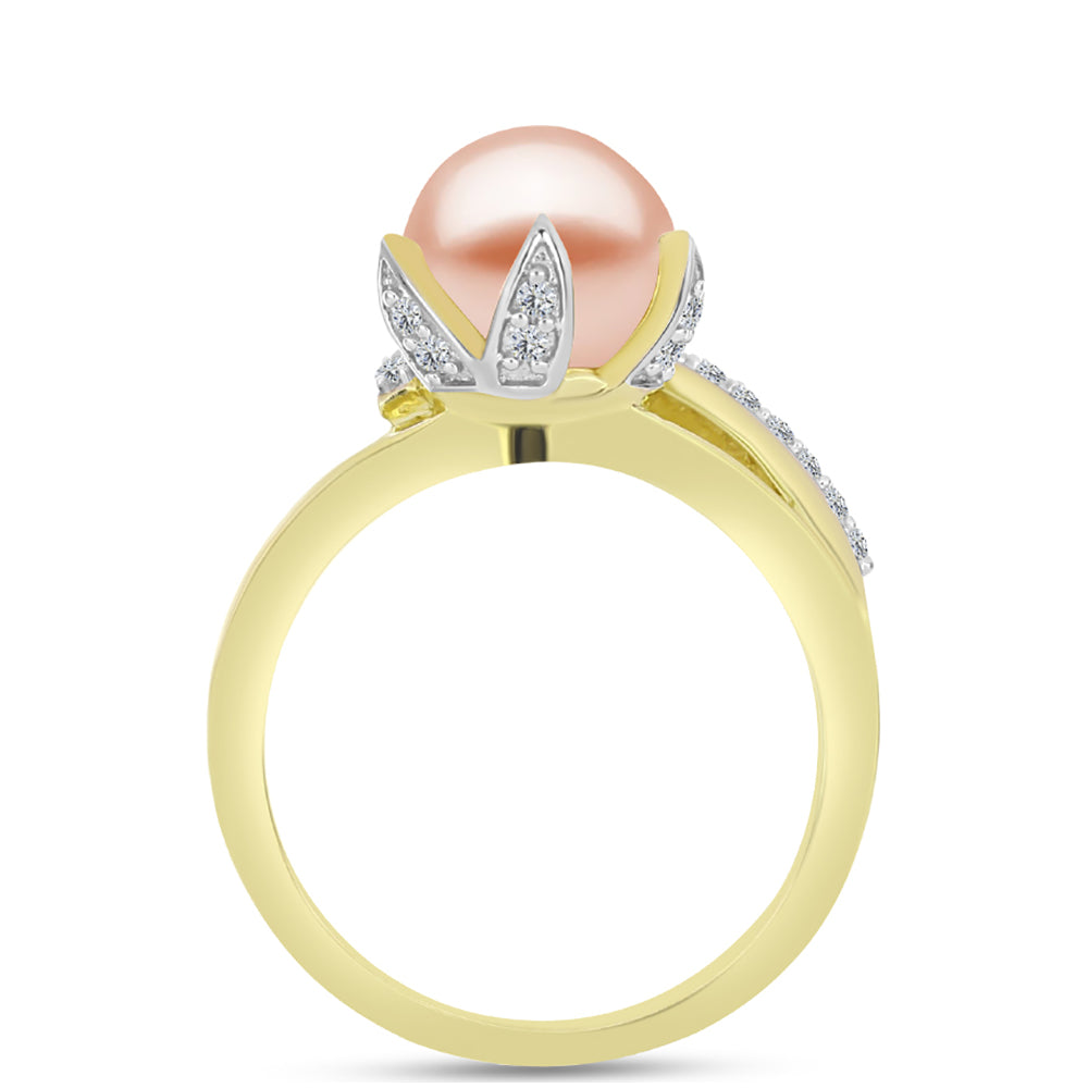 Anillo de Plata Bañada en Oro con Perla de agua dulce melocotón y Topacio Blanco 2 
