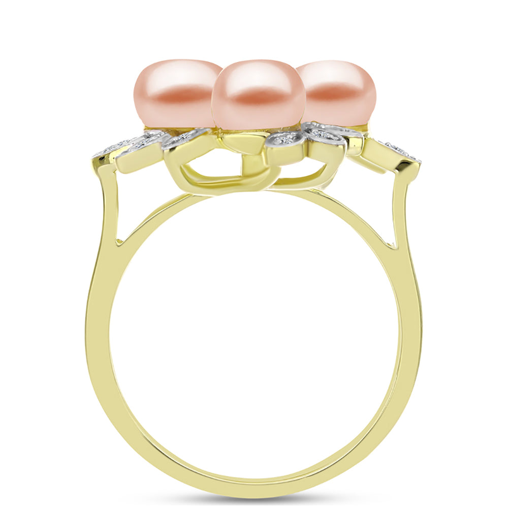 Anillo de Plata Bañada en Oro con Perla de agua dulce melocotón y Topacio Blanco 2 