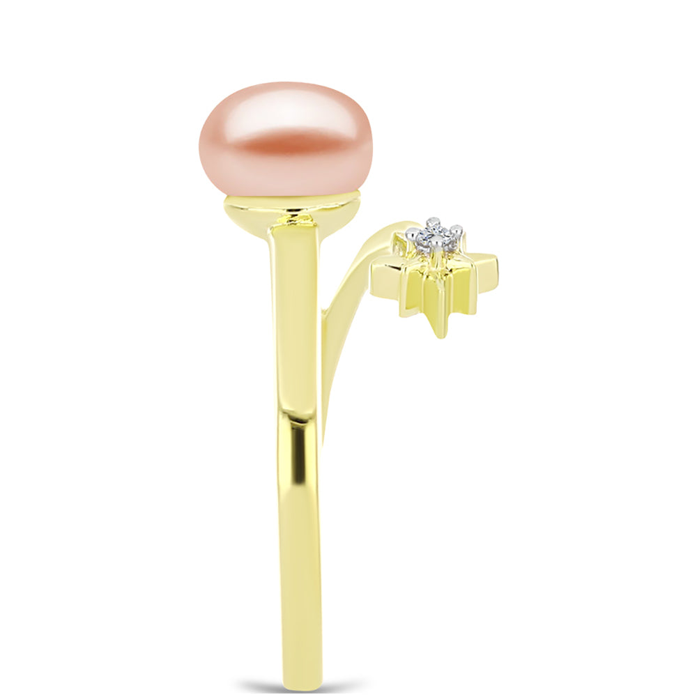 Anillo de Plata Bañada en Oro con Perla de agua dulce melocotón y Topacio Blanco 4 