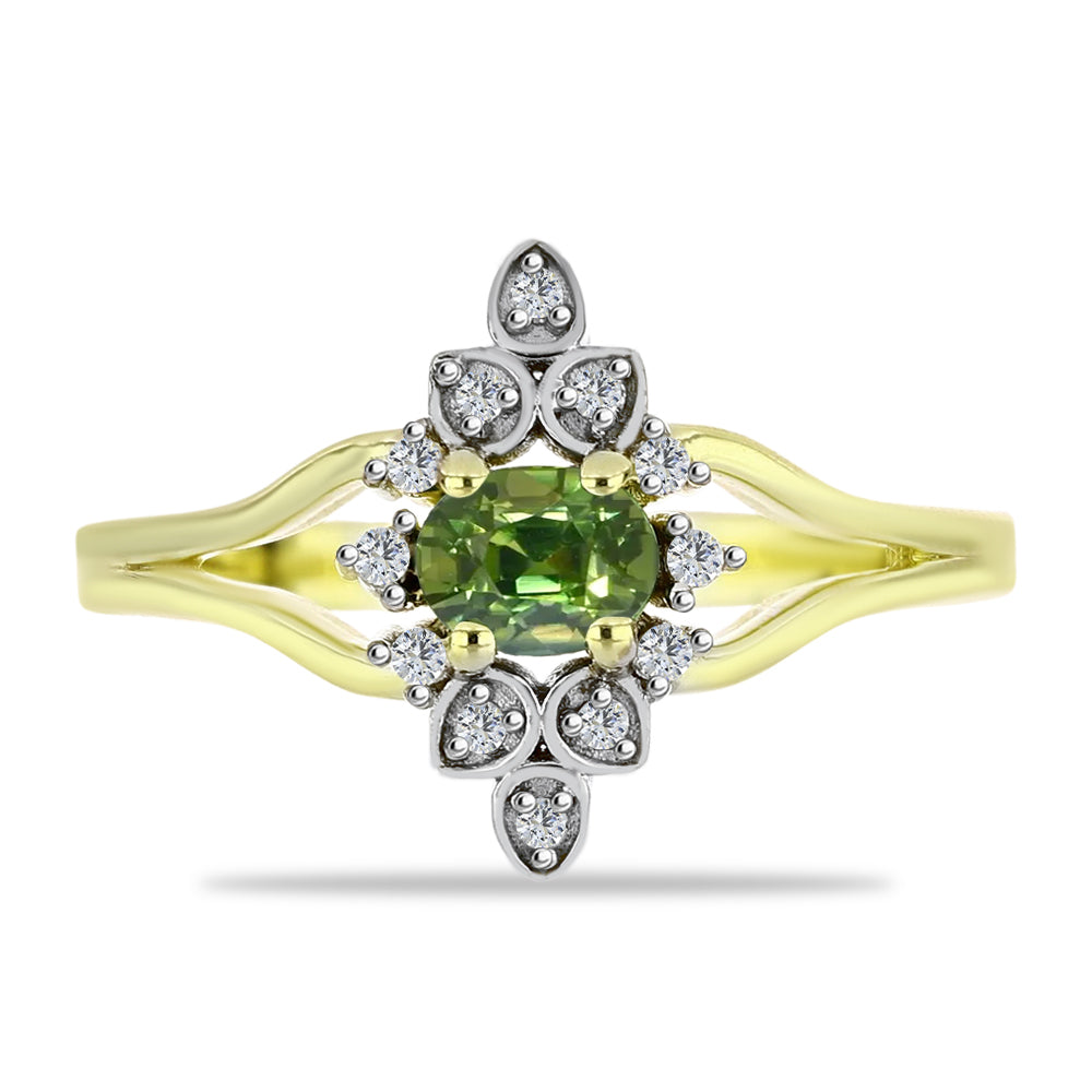 Anillo de Plata Bañada en Oro con Zafiro Verde y Topacio Blanco 1 