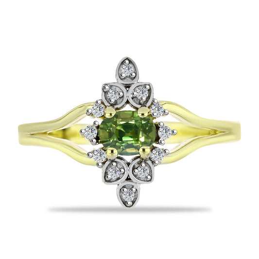 Anillo de Plata Bañada en Oro con Zafiro Verde y Topacio Blanco