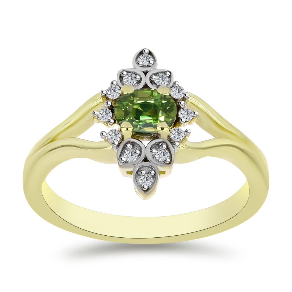 Anillo de Plata Bañada en Oro con Zafiro Verde y Topacio Blanco 3 