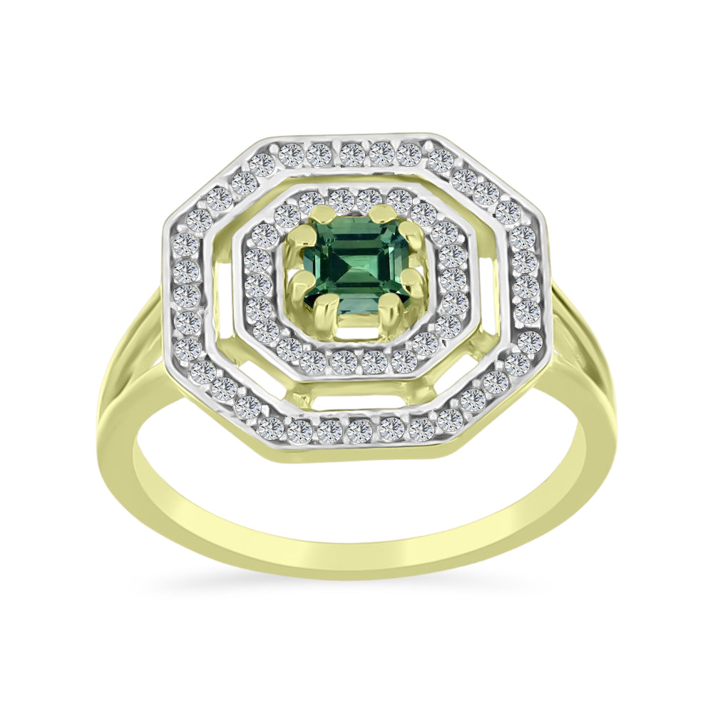 Anillo de Plata Bañada en Oro con Turmalina Verde y Topacio Blanco