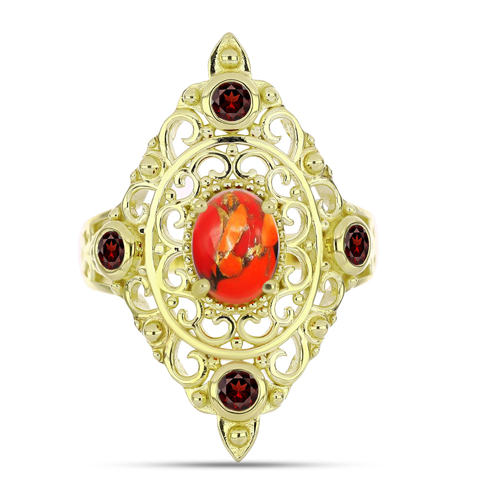 Anillo de Plata Bañada en Oro con Turquesa de Mohave y Granate Barton
