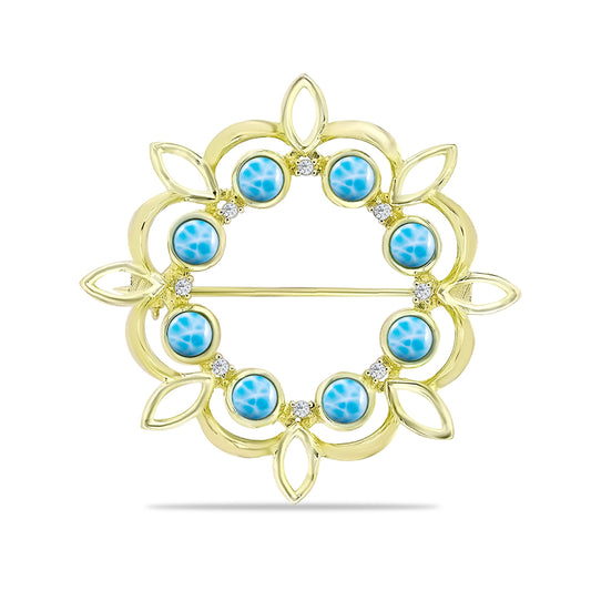 Broche de Plata Bañada en Oro con Larimar y Topacio Azul Suizo