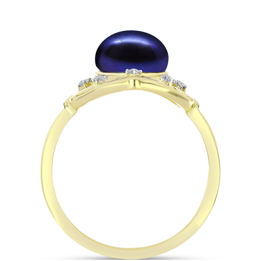 Anillo de Plata Bañada en Oro con Perla Negra de Agua dulce y Topacio Blanco 2 