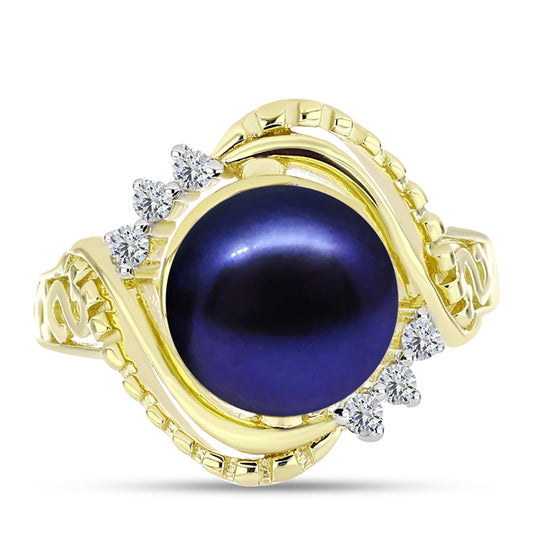Anillo de Plata Bañada en Oro con Perla Negra de Agua dulce y Topacio Blanco