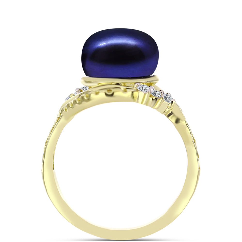 Anillo de Plata Bañada en Oro con Perla Negra de Agua dulce y Topacio Blanco