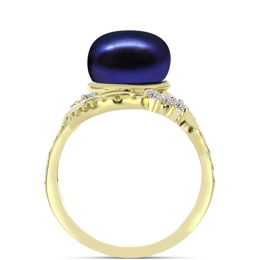 Anillo de Plata Bañada en Oro con Perla Negra de Agua dulce y Topacio Blanco