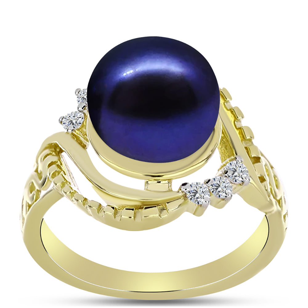 Anillo de Plata Bañada en Oro con Perla Negra de Agua dulce y Topacio Blanco 3 
