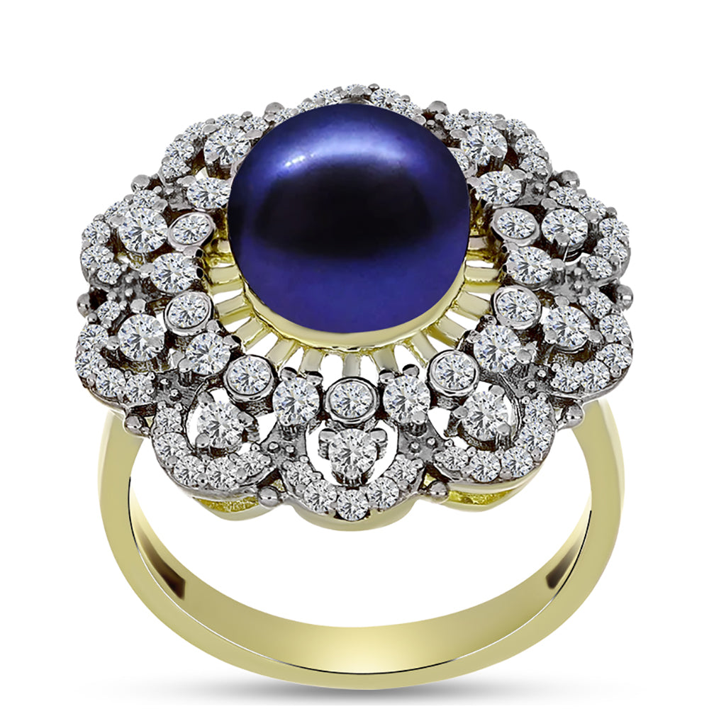 Anillo de Plata Bañada en Oro con Perla Negra de Agua dulce y Topacio Blanco