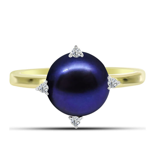 Anillo de Plata Bañada en Oro con Perla Negra de Agua dulce y Topacio Blanco