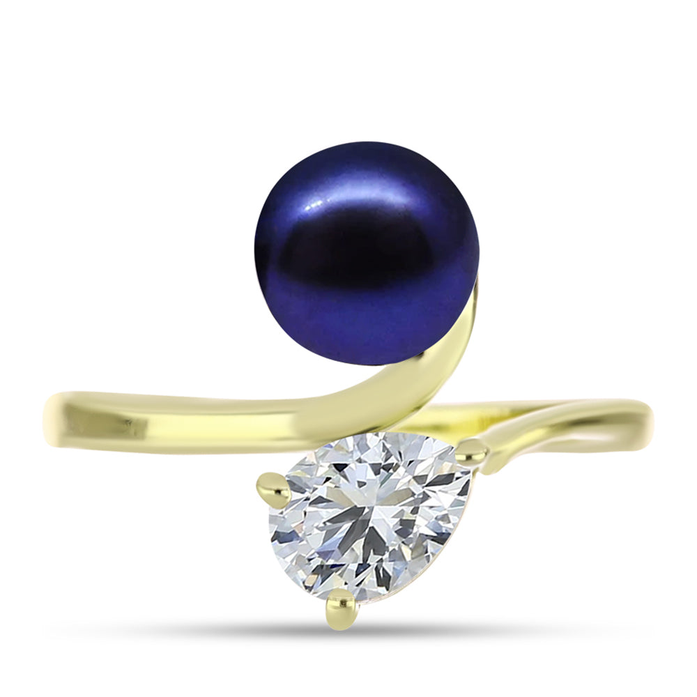 Anillo de Plata Bañada en Oro con Perla Negra de Agua dulce y Topacio Blanco