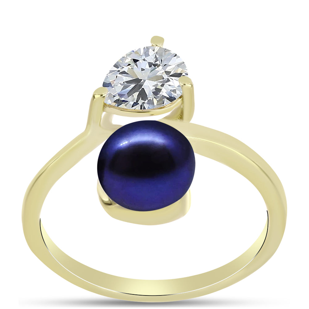 Anillo de Plata Bañada en Oro con Perla Negra de Agua dulce y Topacio Blanco 3 