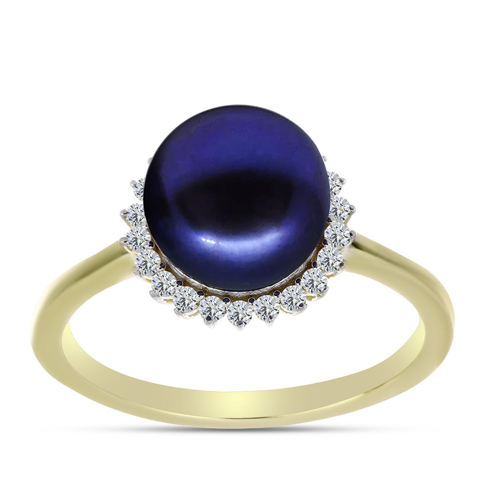 Anillo de Plata Bañada en Oro con Perla Negra de Agua dulce y Topacio Blanco 3 