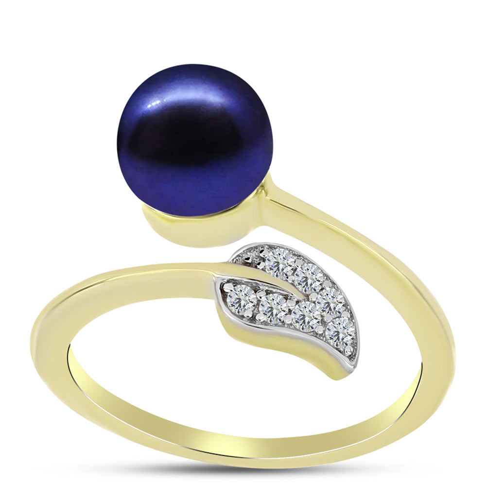 Anillo de Plata Bañada en Oro con Perla Negra de Agua dulce y Topacio Blanco 3 
