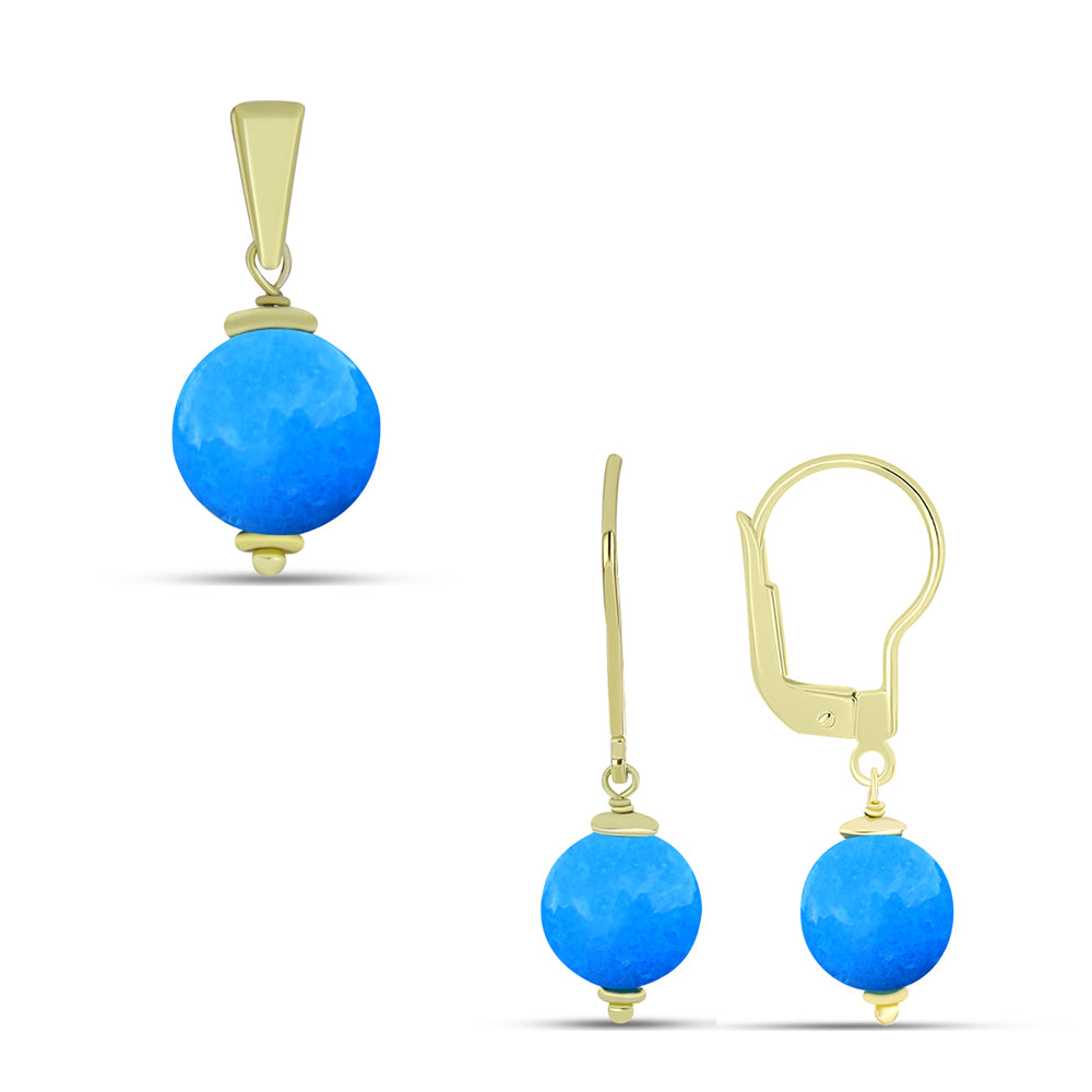 Conjunto de Plata Bañada en Oro con Jade Azul ( Pendientes +Colgante )