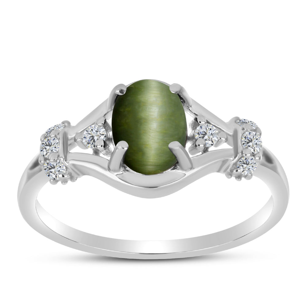 Anillo de Plata con Ojo de Gato Verde de Antananarivo y Topacio Blanco