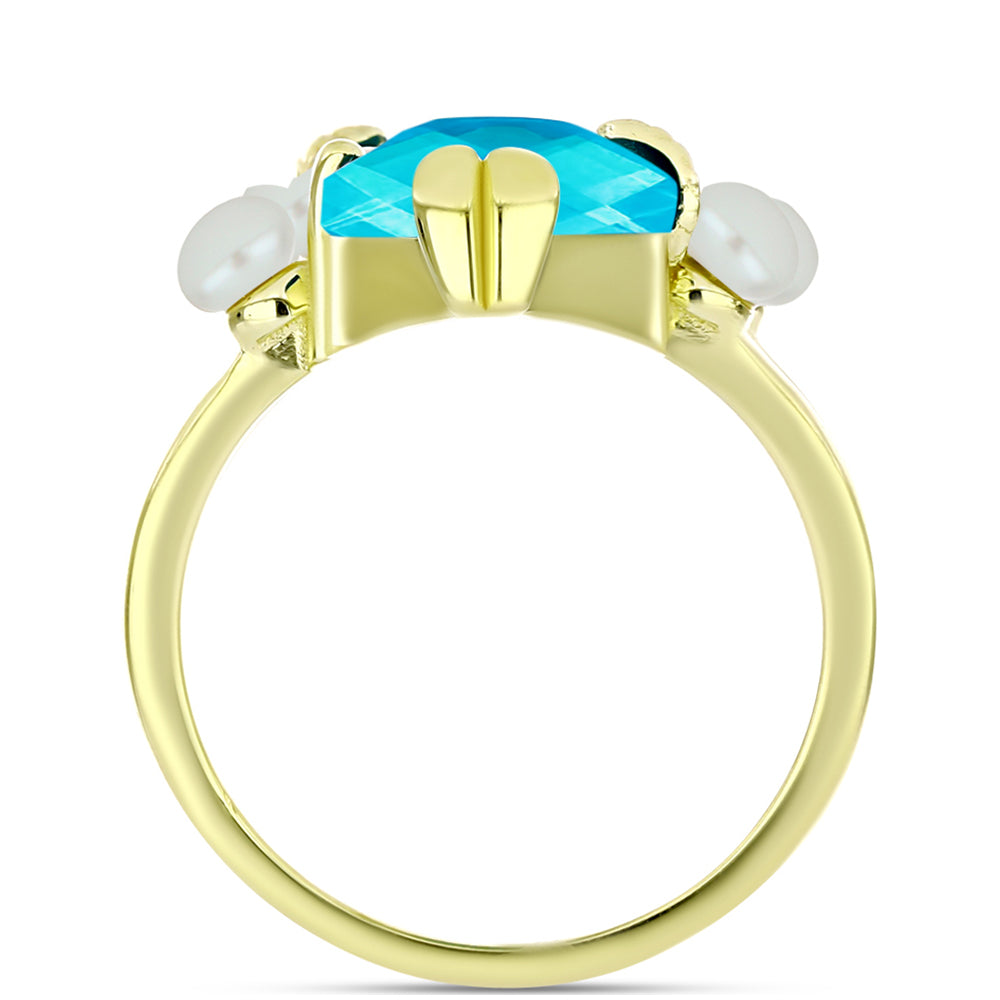 Anillo de Plata Bañada en Oro con Jade Azul y Perla de Agua Dulce 2 
