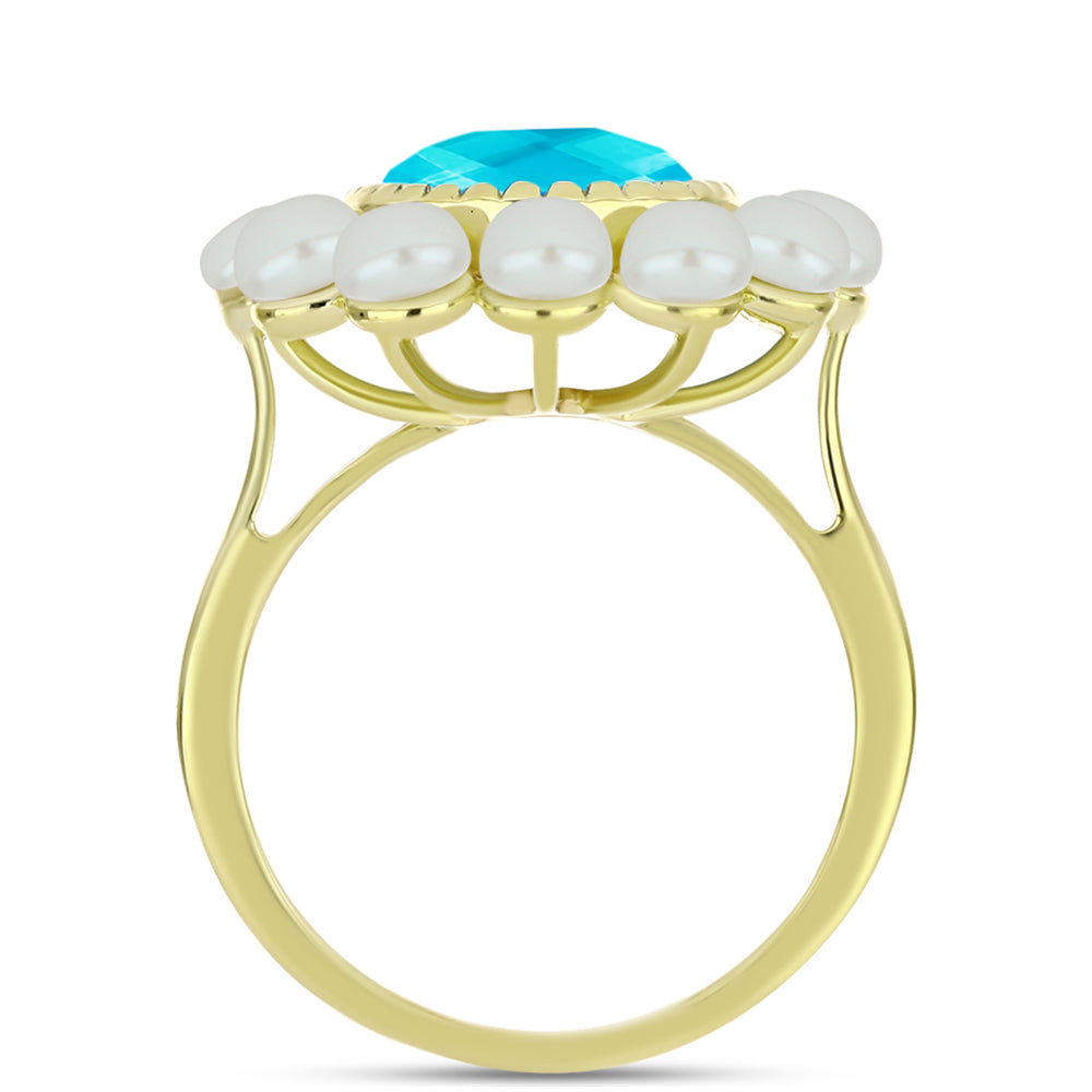 Anillo de Plata Bañada en Oro con Jade Azul y Perla de Agua Dulce