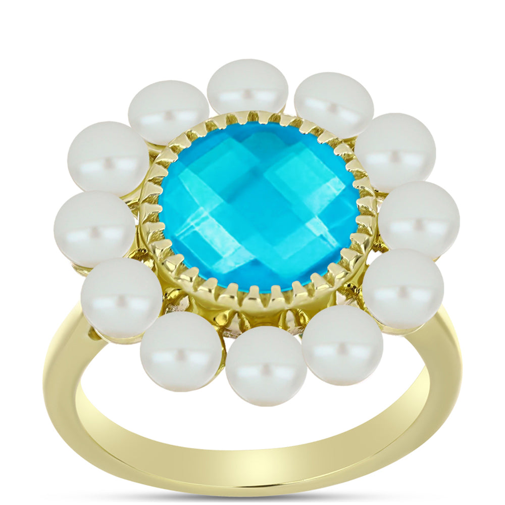 Anillo de Plata Bañada en Oro con Jade Azul y Perla de Agua Dulce 3 