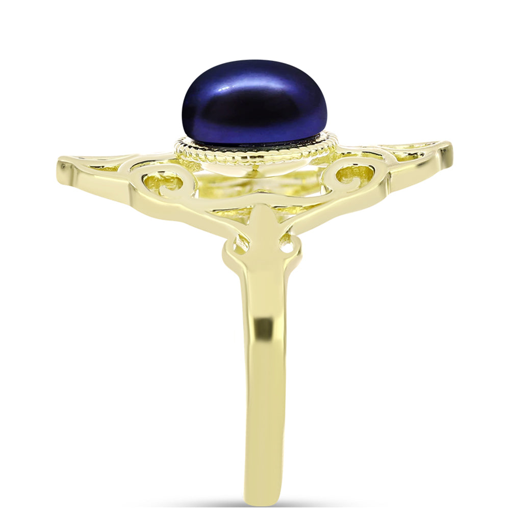 Anillo de Plata Bañada en Oro con Perla Negra de Agua dulce