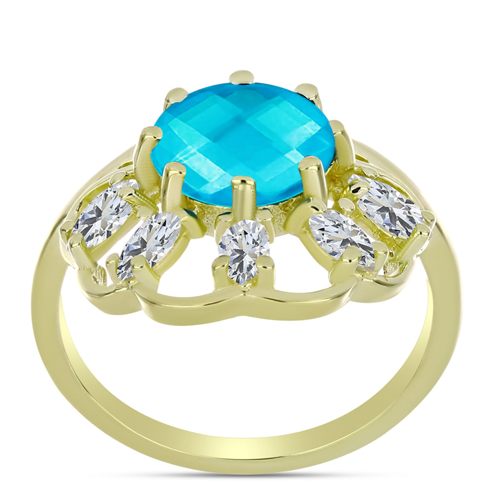 Anillo de Plata Bañada en Oro con Jade Azul y Topacio Blanco 3 